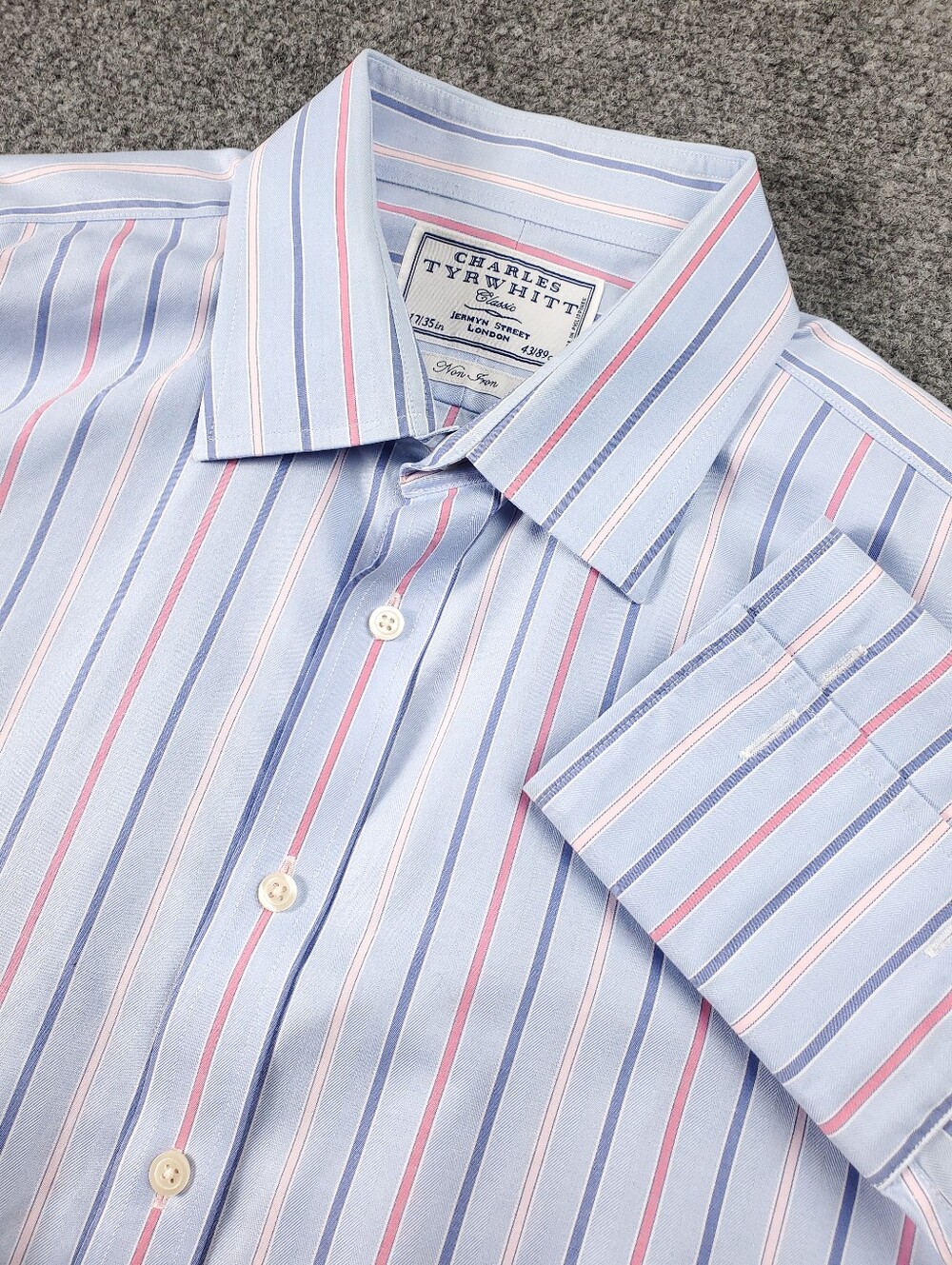 Charles Tyrwhitt Bengal Stripe Dress Shirt 17 35 Light Blue Pink French Cuff